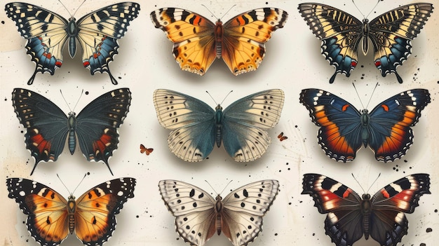Foto conjunto de mariposas especies de polillas multicolores con alas multicolores colección de dibujos detallados vintage ilustraciones detalladas dibujadas a mano aisladas sobre fondo blanco