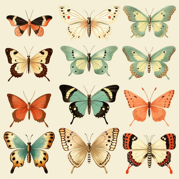 Foto conjunto de mariposas vintage de muchos patrones y colores diferentes