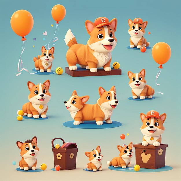 Un conjunto de mascotas Corgi colecciones de ilustración de iconos vectoriales de la mascota del logotipo de Corgi concepto aislado estilo de dibujos animados plano adecuado para página de aterrizaje web banner flyer sticker tarjeta de fondo