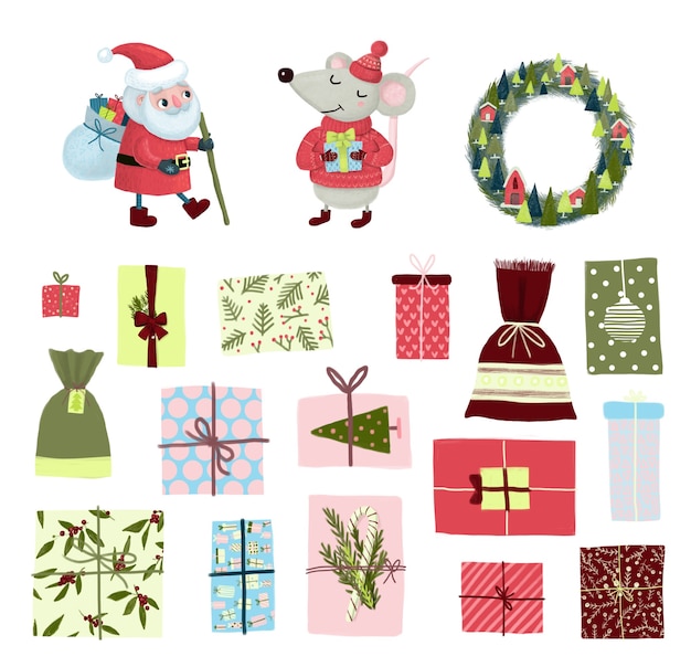 Conjunto de mascotas de símbolos y personajes de Feliz Navidad: Santa Claus, pila de regalos, ratón y cajas de regalo. Ilustración de dibujos animados para banner, tarjeta