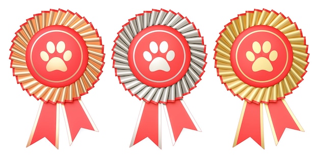 Conjunto de medallas o insignias ganadoras de premios para perros o gatos con cintas renderización 3D