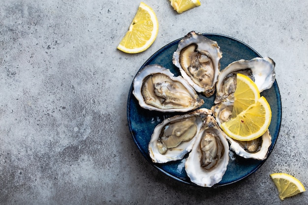 Conjunto de media docena de ostras abiertas frescas en concha con rodajas de limón servidas en un plato rústico azul sobre fondo de piedra gris, de cerca, vista superior, espacio para texto