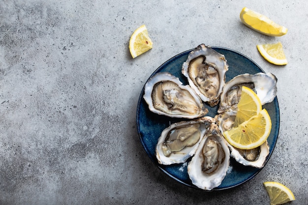 Conjunto de media docena de ostras abiertas frescas en concha con rodajas de limón servidas en un plato rústico azul sobre fondo de piedra gris, de cerca, vista superior, espacio para texto