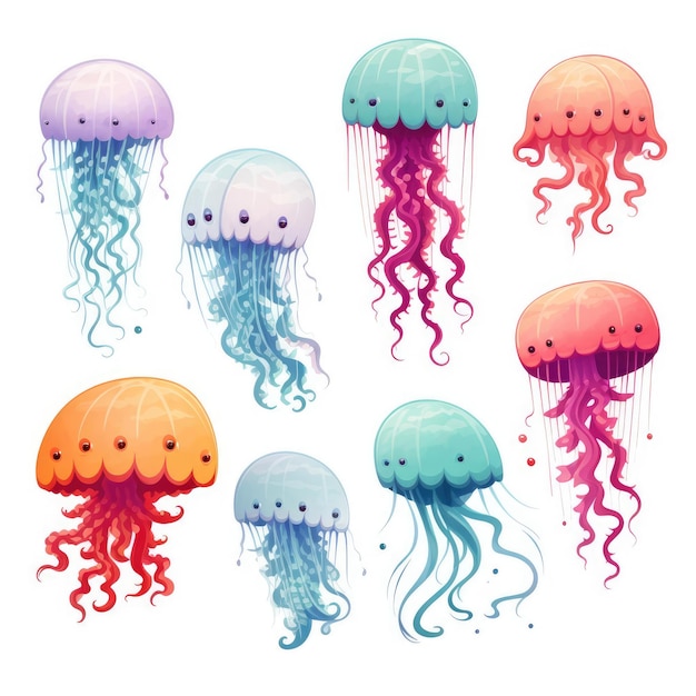 Conjunto de medusas sobre un fondo blanco