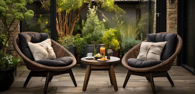 Conjunto de mesa y sillas de jardín de ratán para dos personas en jardín