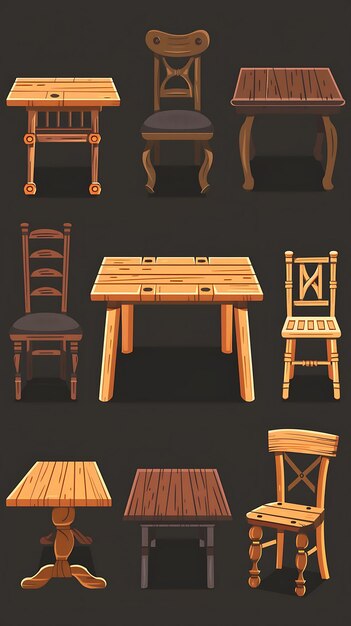 Conjunto de mesas de comedor rústicas de 8 bits de píxeles con texturas de madera y arte conceptual de diseño de activos de juego Ca