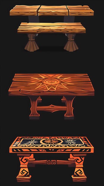 Conjunto de mesas de comedor rústicas de 8 bits de píxeles con texturas de madera y arte conceptual de diseño de activos de juego Ca