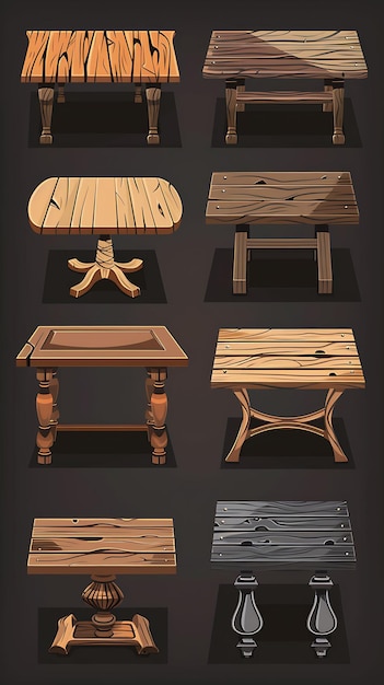 Conjunto de mesas de comedor rústicas de 8 bits de píxeles con texturas de madera y arte conceptual de diseño de activos de juego Ca