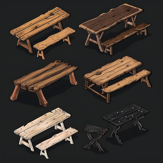 Conjunto de mesas de granja rústica de 16 bits de píxeles con madera recuperada y Cross Game Asset Design Concept Art