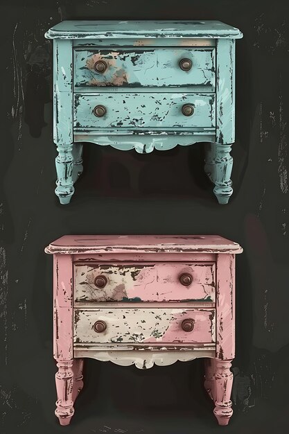 Conjunto de mesas de noche Shabby Chic 8 bits de píxeles con pintura angustiada juego de activos diseño concepto de arte