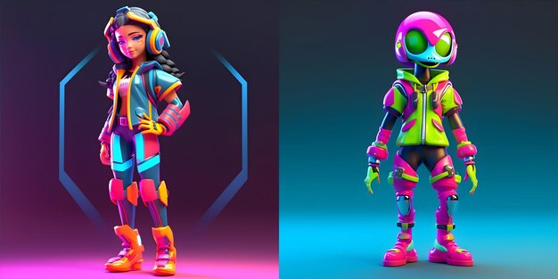 Conjunto de metaverso de dibujos animados en 3D Personaje en vibrantes colores de neón, un ambiente cyberpunk Vista frontal Encanto y un toque de estilo futurista Generativo ai