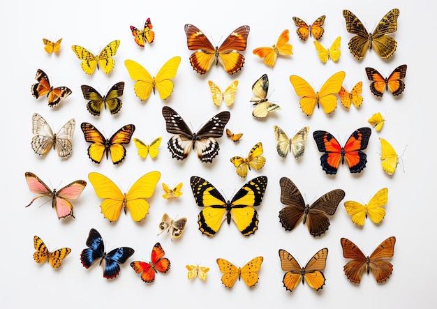 Conjunto mixto de mariposas de colores y hermosas sobre fondo blanco aislado IA generativa