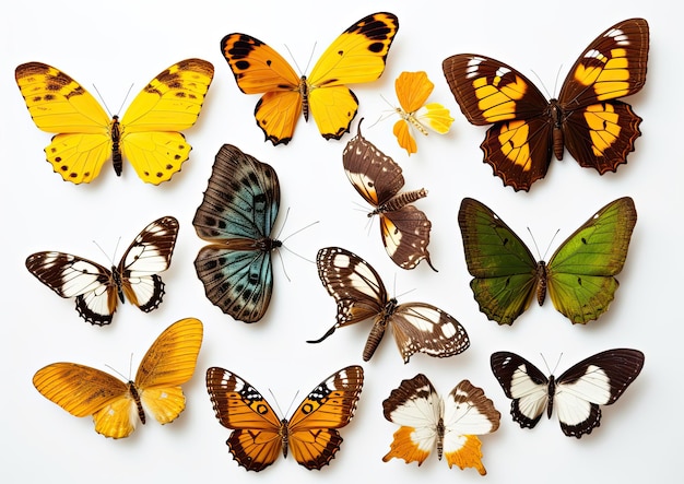 Foto conjunto mixto de mariposas de colores y hermosas sobre fondo blanco aislado ia generativa