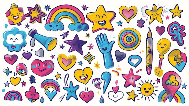 Foto conjunto moderno de personagens de desenhos animados dos anos 70 coração de diamante mão estrela arco-íris e palavra em estilo doodle design hippie groovy retro bonito para adesivo decorativo