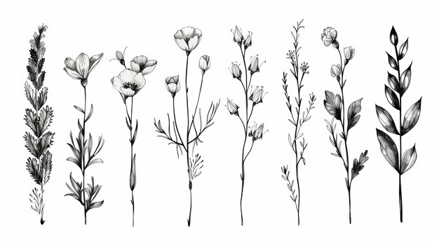 Foto conjunto moderno de plantas de flores y ramas de boceto conjunto botánico de flores modernas