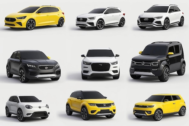 Foto conjunto de modernos modelos de automóviles 3d con formas simplificadas ruedas grandes automóviles de nueva generación