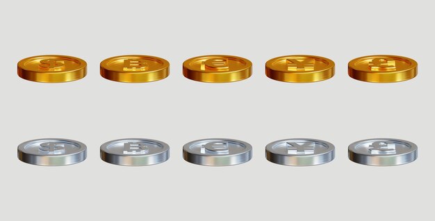 Conjunto de monedas de oro y plata con signo diferente sobre fondo blanco. representación 3d
