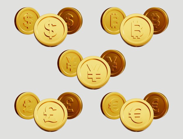 Conjunto de monedas de oro con signo diferente sobre fondo blanco. representación 3d