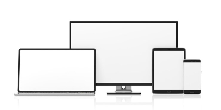 Foto conjunto de monitores en blanco realistas monitor de computadora portátil tableta y teléfono inteligente aislado en fondo blanco copia espacio ilustración 3d