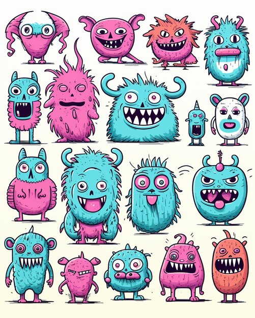 un conjunto de monstruos de dibujos animados con diferentes expresiones generativas ai