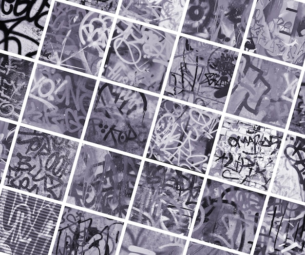 Un conjunto de muchos fragmentos pequeños de paredes etiquetadas Collage de fondo abstracto de vandalismo de graffiti