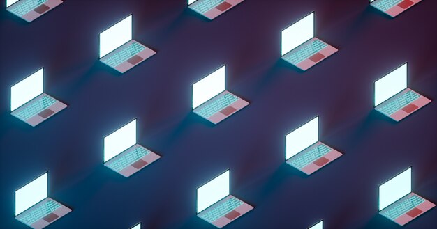 Conjunto de muchos portátiles para juegos abiertos sobre fondo azul claro y rojo. Vista isométrica. Render 3d
