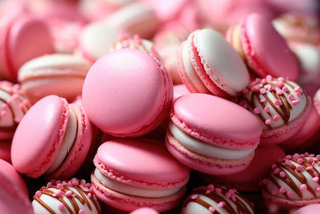 Conjunto de muchos sabrosos macarons rosa sobre fondo brillante Patrón de coloridas galletas francesas comida casera