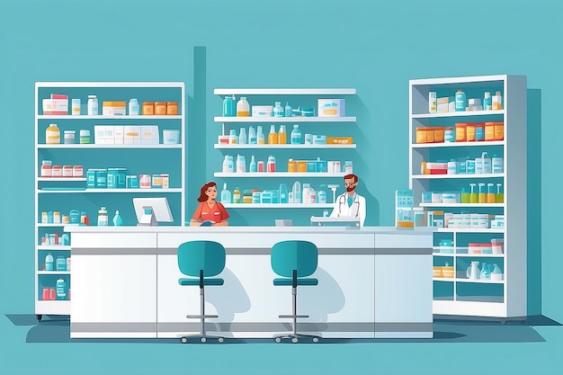 Foto conjunto de muebles de farmacia ilustración vectorial estantes de monitoreo del mostrador del farmacéutico con medicamentos y bolsas aisladas