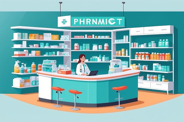 Foto conjunto de muebles de farmacia ilustración vectorial estantes de monitoreo del mostrador del farmacéutico con medicamentos y bolsas aisladas