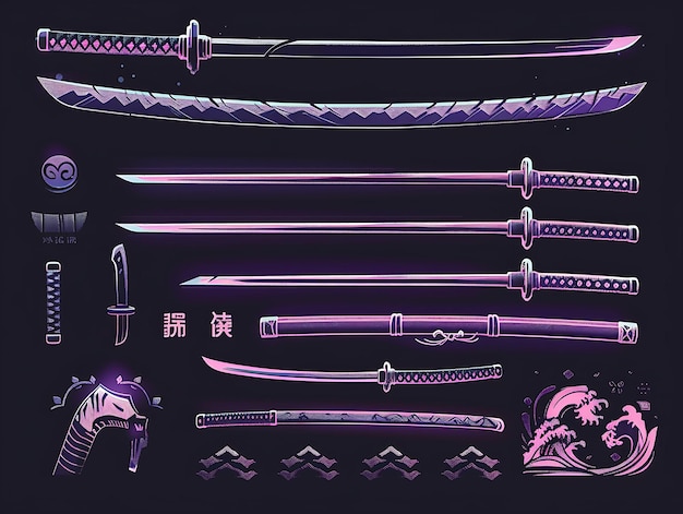 Conjunto de Naginata Pixel Item con diseño de samurai y olas y arte conceptual de la camiseta de activos de juego de Japón