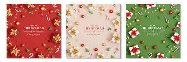 Conjunto de navidad con adornos de decoración elementos en el fondo realista d diseño brillante