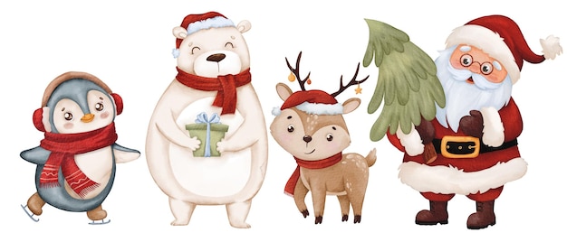 Conjunto de Navidad con lindo Papá Noel con árbol de Navidad oso polar en pañuelo ciervo pingüino y casas de invierno aisladas en blanco acuarela Conjugado de navidad con animales de invierno y Papá Noel