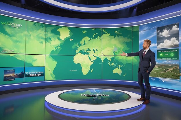 Conjunto de noticias en 3D donde la pantalla verde se transforma en un mapa meteorológico en vivo durante los segmentos meteorológicos