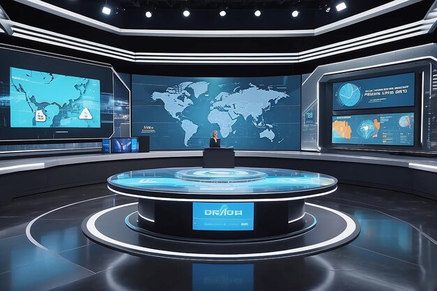 conjunto de noticias futuristas con paneles holográficos que muestran datos y estadísticas en tiempo real durante los segmentos de noticias