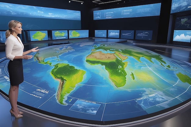 Foto conjunto de noticias con un mapa meteorológico holográfico 3d que cambia dinámicamente en función del pronóstico