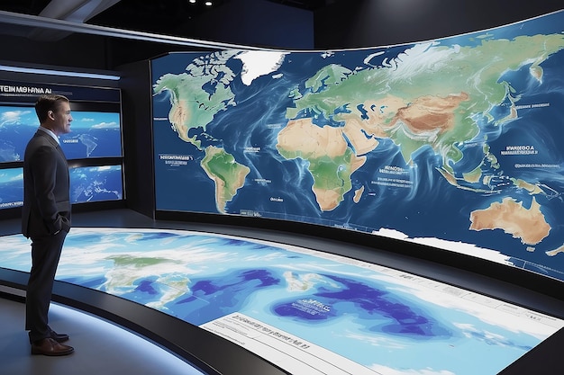 conjunto de noticias con un mapa meteorológico holográfico 3D que cambia dinámicamente en función del pronóstico