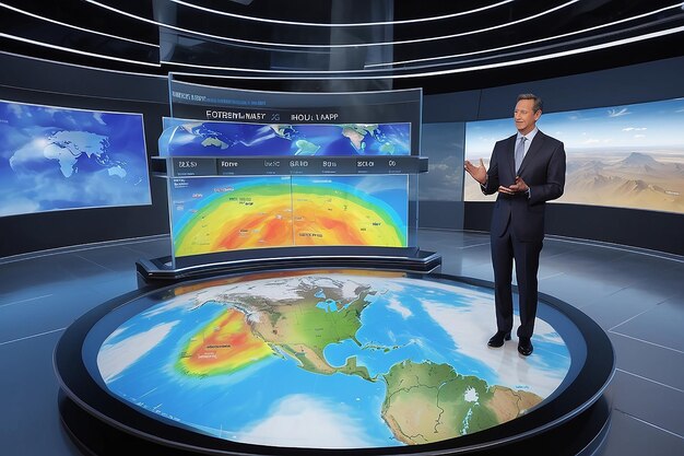 conjunto de noticias con un mapa meteorológico holográfico 3D que cambia dinámicamente en función del pronóstico