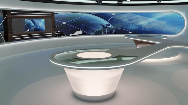 Conjunto de noticias de Virtual TV Studio. Fondo de pantalla verde. Representación 3D.