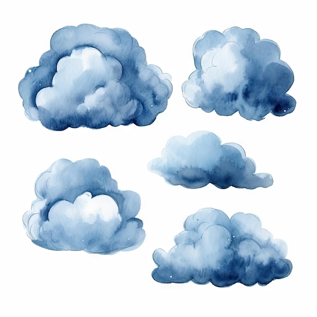 Conjunto de nubes de acuarela aisladas nubes acuarelas creativas acuarela cielo azul lluvia nieve tiempo