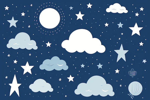Foto un conjunto de nubes estrellas y luna sobre un fondo azul