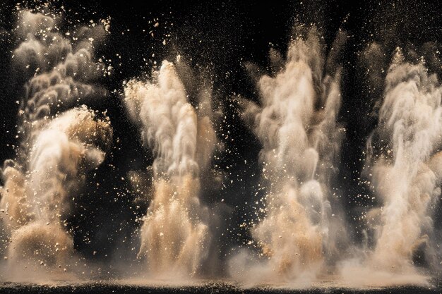 Foto conjunto de nubes de salpicaduras de polvo aisladas en partículas de harina negras que explotan sobre un fondo oscuro
