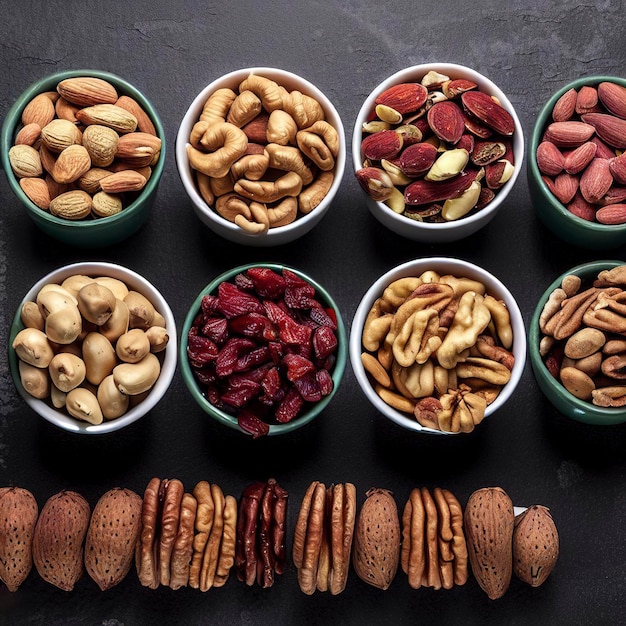 Conjunto de nueces de pacana, pistachos, almendras, maní, anacardos, piñones y nueces variadas y frutos secos alineados en mini tazones diferentes sobre un fondo de piedra negra