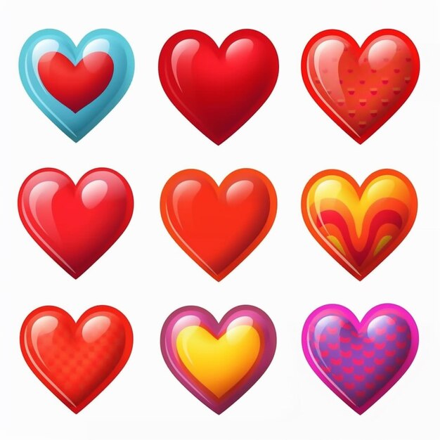 Foto un conjunto de nueve corazones diferentes con diferentes colores ai generativo