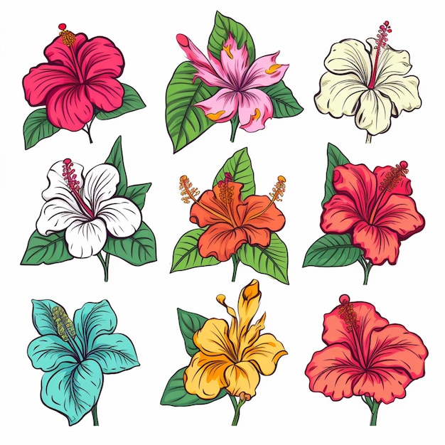 Foto un conjunto de nueve flores de hibis de diferentes colores con hojas generativas ai