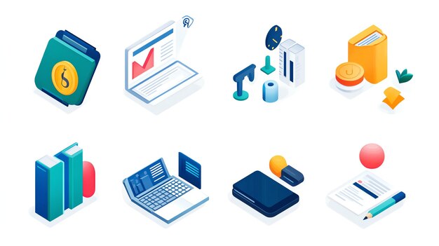 Un conjunto de nueve iconos isométricos que representan varios objetos relacionados con el negocio, como libros, computadoras portátiles y una billetera