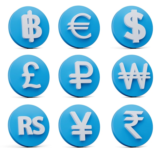 Conjunto de nueve símbolos de moneda blanca con iconos azules redondeados en fondo blanco Ilustración 3D