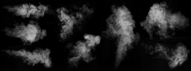 Un conjunto de nueve tipos diferentes de remolinos, remolinos de humo, vapor aislado en un fondo negro para superponerse en sus fotos. Fondo ahumado abstracto