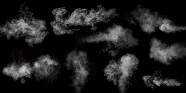Un conjunto de nueve tipos diferentes de vapor de humo que se retuerce y se arremolina aislado en un fondo negro para superponerse en tus fotos Vapor horizontal y vertical Fondo ahumado abstracto