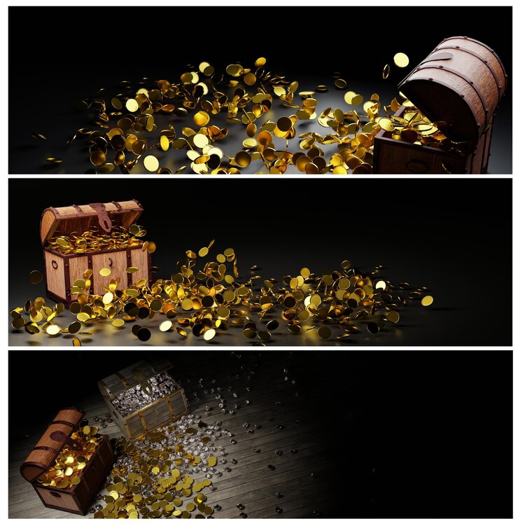 Conjunto de numerosas monedas de oro derramadas del cofre del tesoro Cofre de madera de estilo antiguo fuertemente ensamblado con tiras metálicas oxidadas Renderización 3D