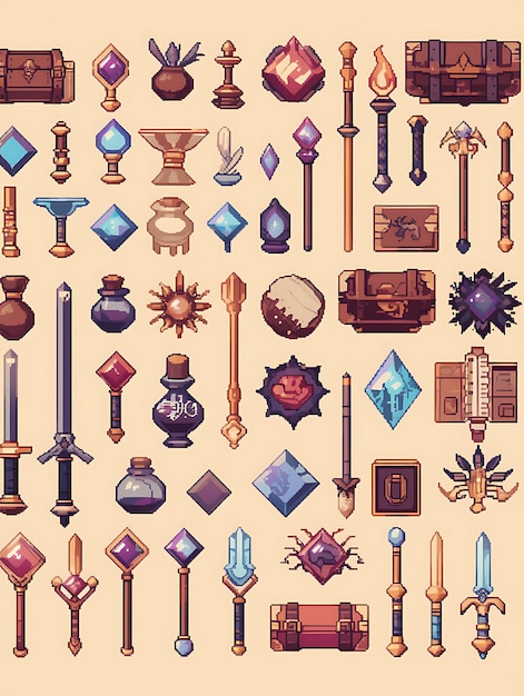 un conjunto de objetos de arte de píxeles y objetos para un juego